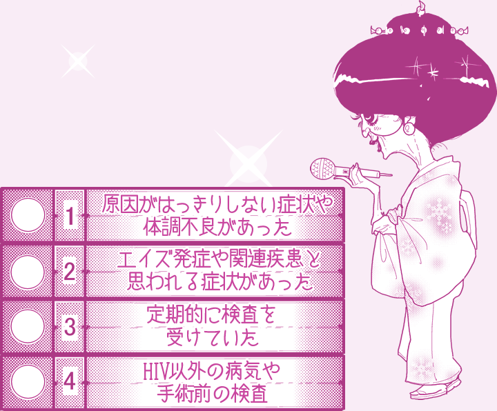 1位:原因がはっきりしない症状や体調不良があった/2位:エイズ発症や関連疾患と思われる症状があった/3位:定期的に検査を受けていた/4位:HIV以外の病気や手術前の検査